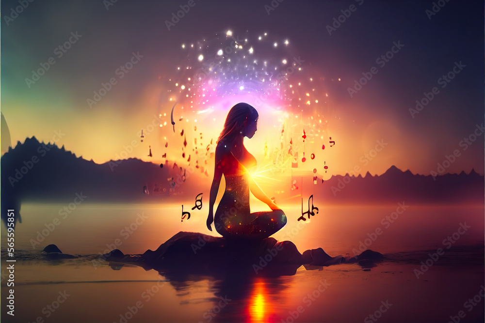 Enchanting portrayal of meditation healing: mystical woman with ornate markings, embracing radiant energies against a luminous sunset, symbolizing profound spiritual awakening.  generative ai   