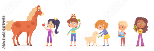 Kids feed domestic pets and farm animals set, boys and girls holding food for friends