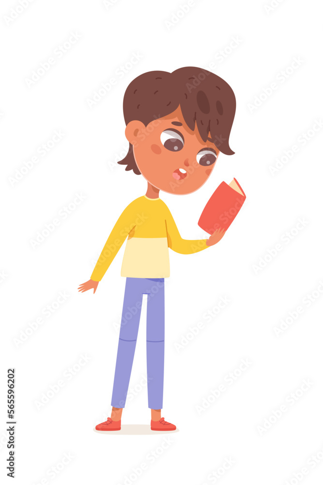 Cute boy with book, kid standing and holding book to read loudly or sing song by note