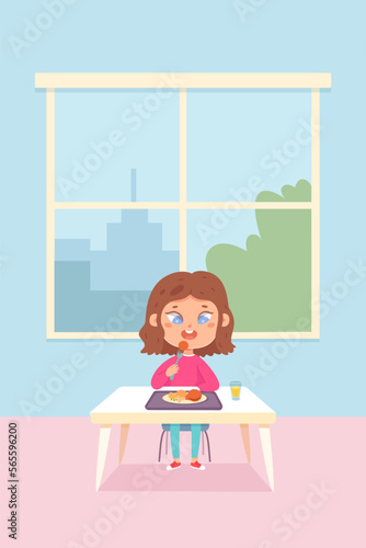 Cute girl eating lunch food in school canteen interior, student sitting at table