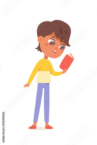 Cute boy with book, kid standing and holding book to read loudly or sing song by note