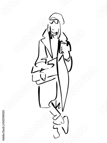 Fashion woman with sun glasses and coffee abstract portrait, line art, quick sketch, vector fashion illustration
