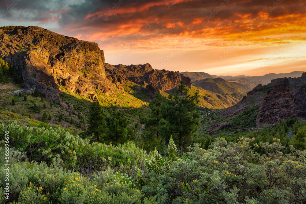 Beautiful mountains on the island of Gran Canaria in Spain at sunset.