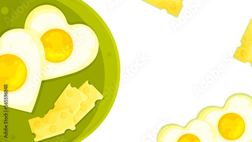 bright vector culinary background, romantic breakfast scrambled eggs with cheese, romantic poster