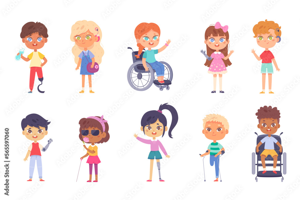 Children with disability set, diversity group of disabled girl and boy in wheelchair