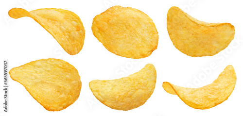Collection of delicious potato chips, isolated on white background