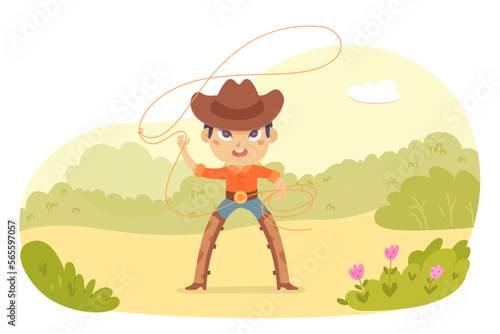Cute kid cowboy holding rope lasso vector illustration. Cartoon little funny boy in traditional Texas cowboy costume with hat and leather boots, child playing Western American rodeo game outdoor
