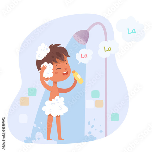 Kid singing in shower, boy bathing in bathroom, guy standing under running warm water