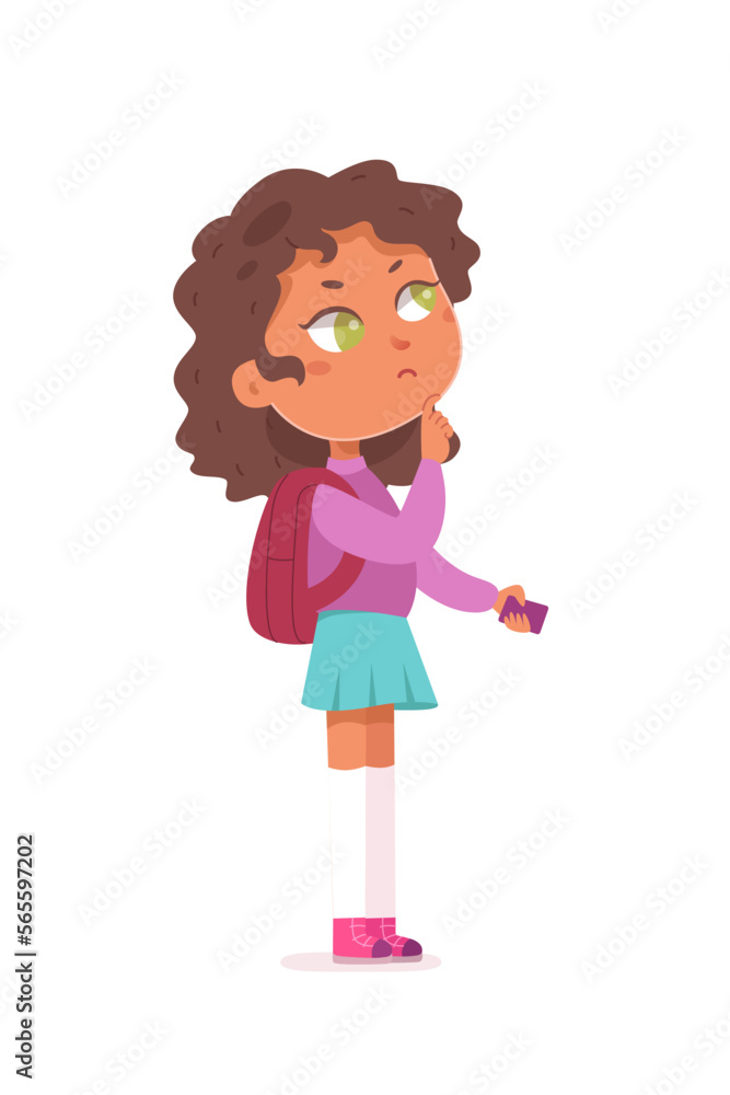 Pensive girl with pocket purse, young female student with backpack holding wallet Pensive girl with pocket purse, young female student with backpack holding wallet