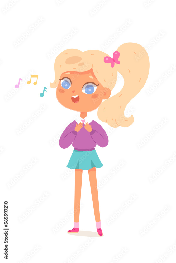Cute girl singing song vector illustration. Cartoon isolated happy kawaii female singer standing to sing to music at Christmas party, choir performance or school concert on stage Cute girl singing song vector illustration. Cartoon isolated happy kawaii female singer standing to sing to music at Christmas party, choir performance or school concert on stage