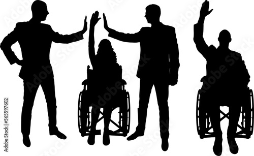 Silhouette of a disabled woman and man in a wheelchair and her two colleagues make a hand gesture, give five. Vector Silhouette