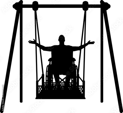 Silhouette of a happy man is a disabled person in a wheelchair on an adaptive swing for disabled people. Vector Silhouette