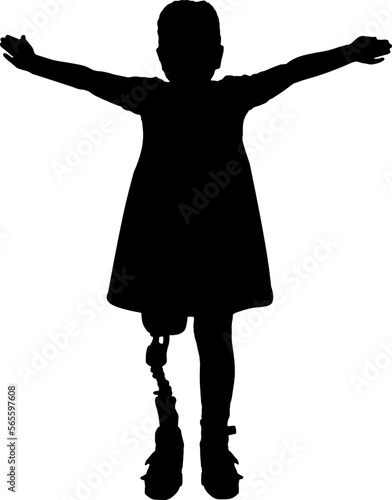 Happy disabled baby girl with prosthetic legs. Vector Silhouette