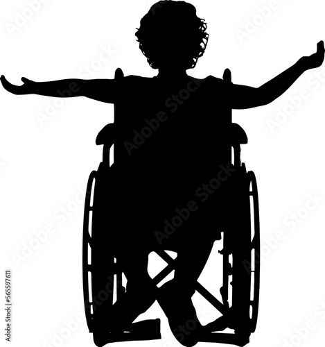 Silhouette of a happy disabled child girl sitting in a wheelchair. Vector Silhouette