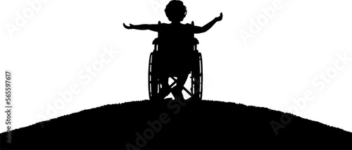 Silhouette of a happy disabled child girl sitting in a wheelchair atop a hill. Vector Silhouette © Prazis Images