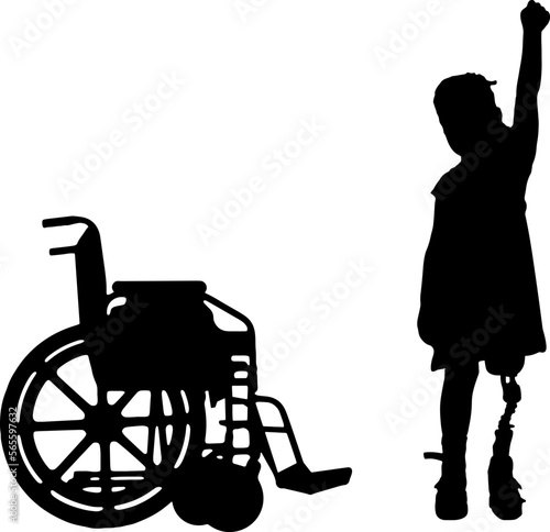 A happy child is a disabled girl with a prosthetic leg and a wheelchair. Vector Silhouette