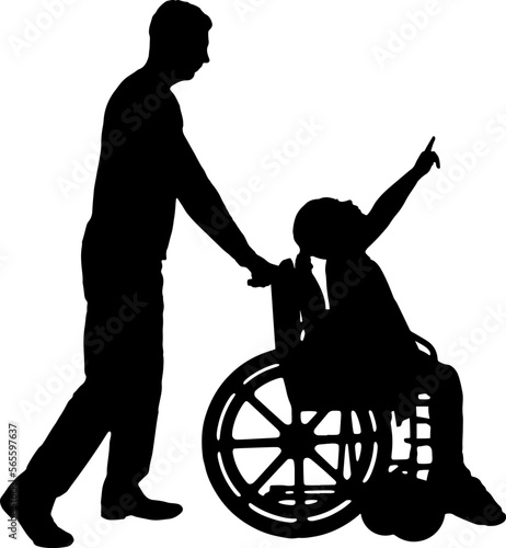 Silhouette of a disabled child girl sitting in a wheelchair and her dad showing a finger in the sky. Vector Silhouette