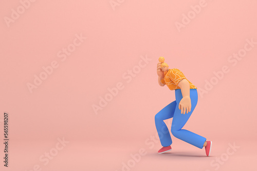 The woman with golden hair tied in a bun wearing blue corduroy pants and Orange T-shirt with white stripes. She is doing exercise. 3d rendering of cartoon character in acting.