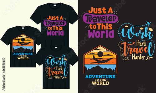 Adventure to the world t-shirt design, Travel vector illustration. let's go travel text with airplane, luggage bag and traveling elements