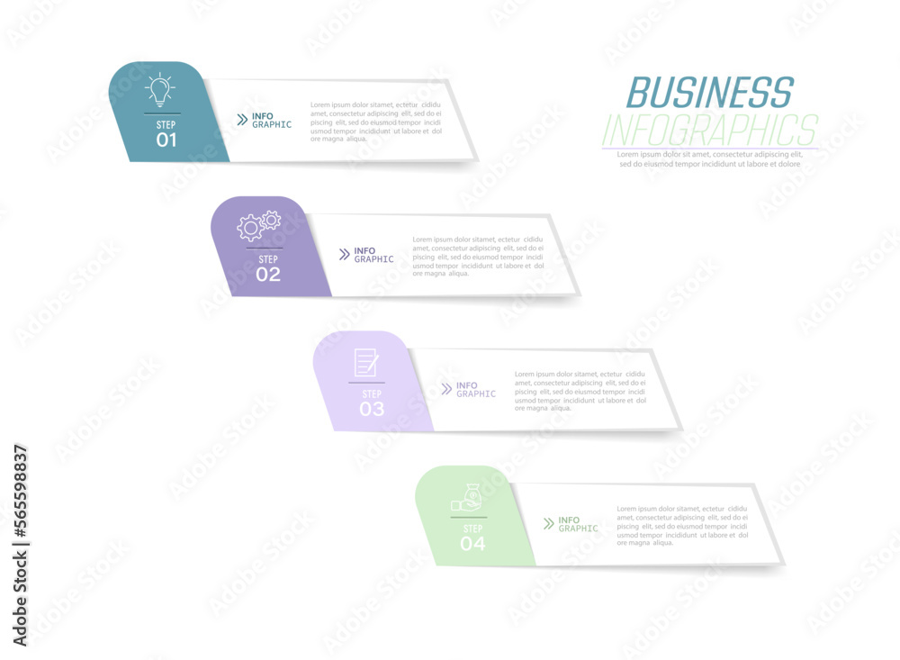 Business infographics. 4 stages of achieving the goal. Stages of the workflow, development, marketing, plan or training. Business strategy with icon icons. Report or statistics schema