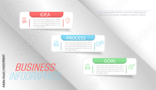 Business infographics. 3 stages of achieving the goal. Stages of the workflow, development, marketing, plan or training. Business strategy with icon icons. Report or statistics schema