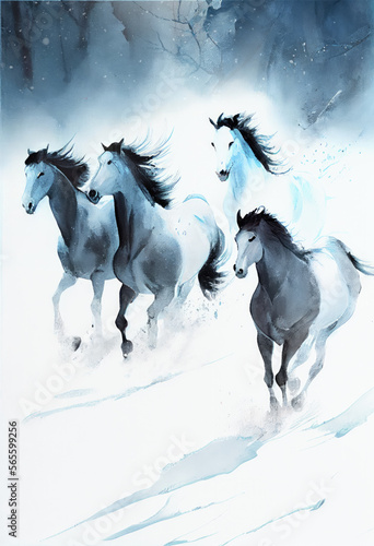 watercolor illustration of running horses,generavie ai