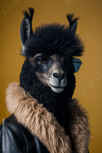 3d illustration gorgeous studio portrait of a lama in a leather jacket © barinovalena