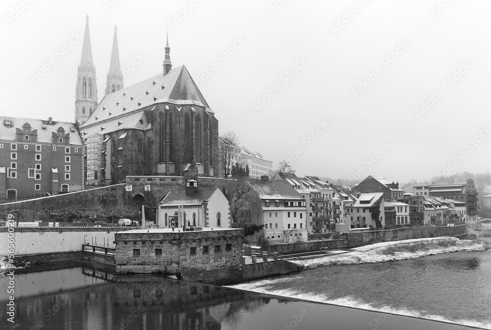 Goerlitz city on the Lusatian Neisse River in winter, Germany.