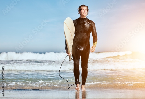 Photography Summer, thinking and man at the beach for surfing, training and happy by the waves in Hawaii