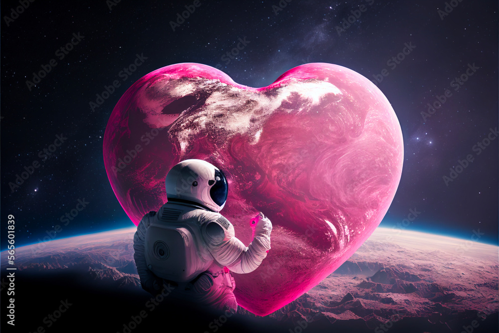 Astronaut in outer space holding big red heart. 3D rendering