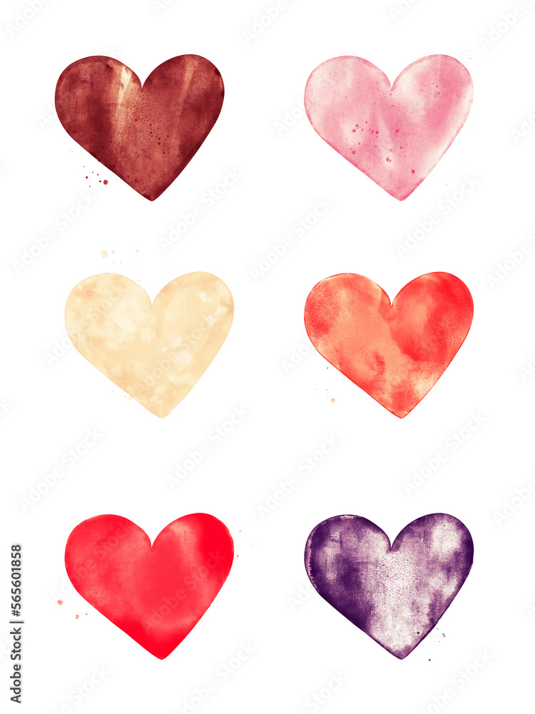 Valentines hearts in mixed colors. Hand illustrated set of watercolor hearts for valentines or mothers day card.