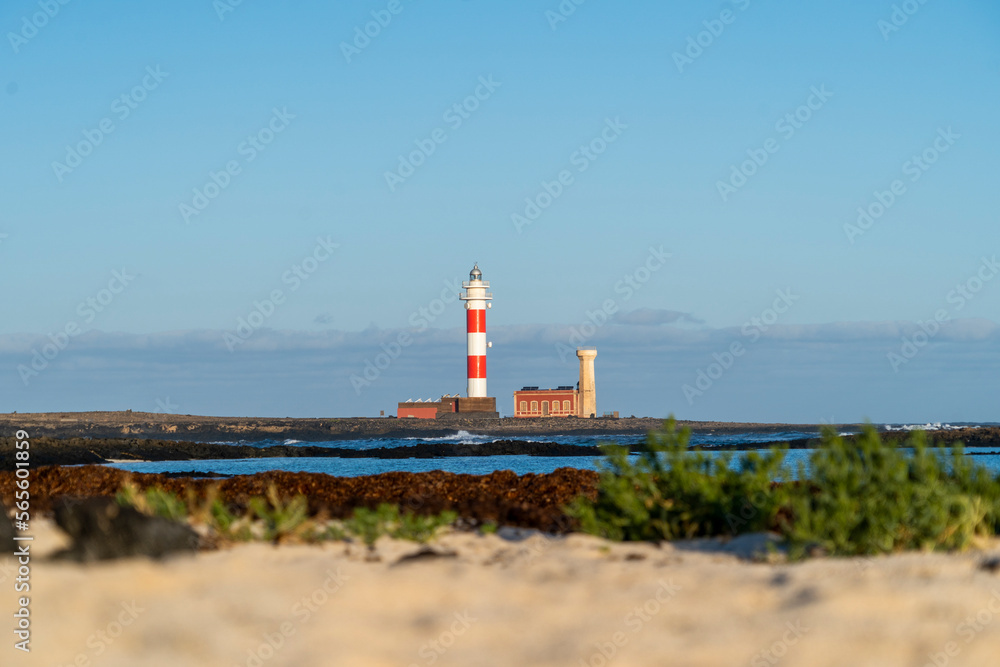 Faro El Toston in El Cotillo. Beautiful background. Fuerteventura Lighthouse in Canary Island , Spain.
