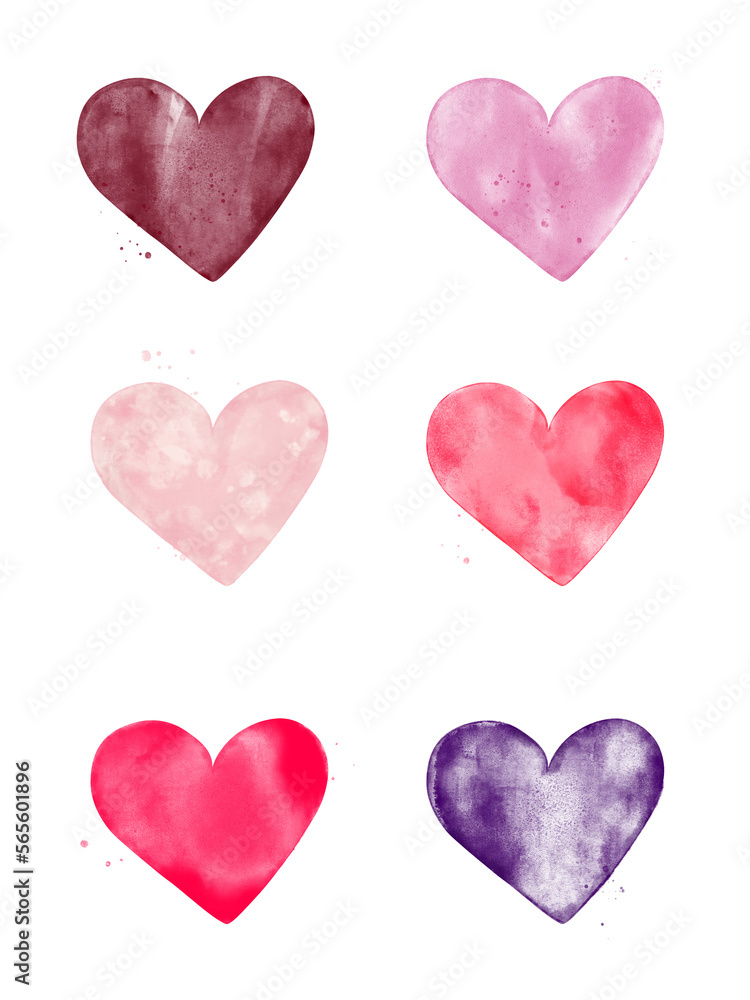 Valentines day card, greeting card. Set of 6 watercolor hand illustrated hearts.