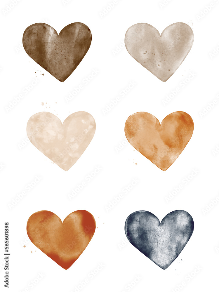 Valentines day card. Set of 6 hand illustrated watercolor hearts in different colors