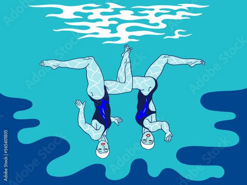 Beautiful, graceful women are engaged in synchronized swimming in the pool.