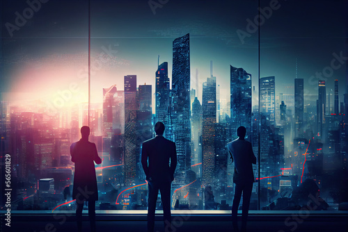 The business people are watching the technology of the future on a city backdrop. Full of digital technology that analyzes Big Data. There is space for copy space. Future technology concept. 