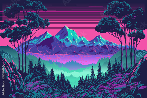 Summer vintage rainforest mountains landscape, 90's , 80's neon colors