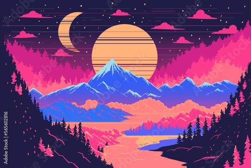 Forest  vintage night mountains landscape, 90's , 80's neon colors