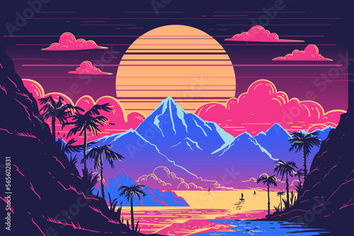 Summer tropical vintage mountains landscape, 90's , 80's neon colors