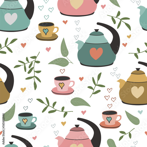 Seamless pattern with teapot and cup hand-drawn.