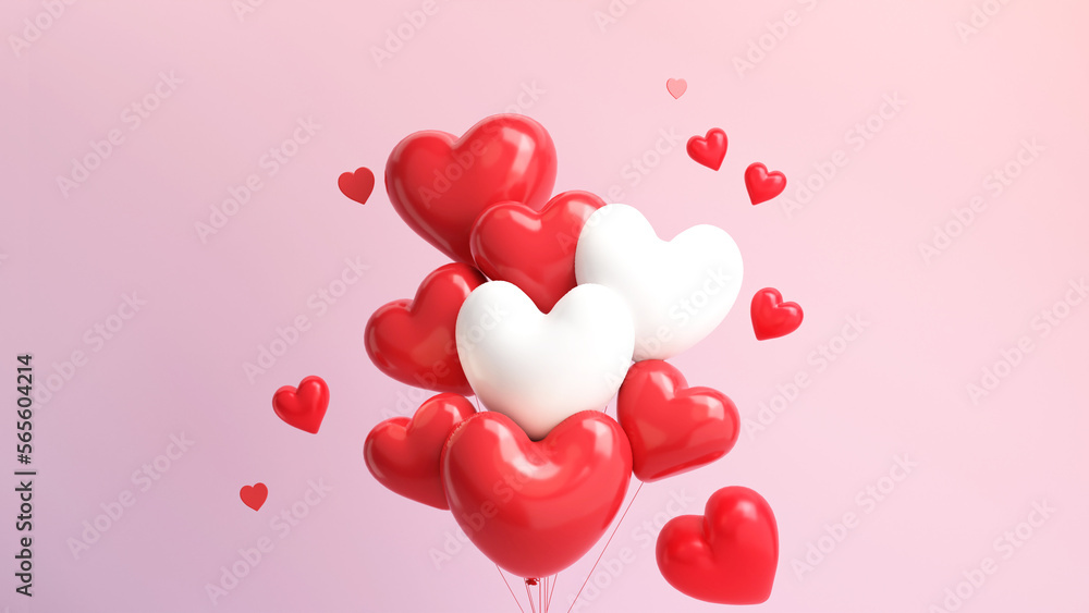3D Render of Red And White Heart Shape Balloons Bunch On Pastel Pink Background. Love Or Valentines Concept.