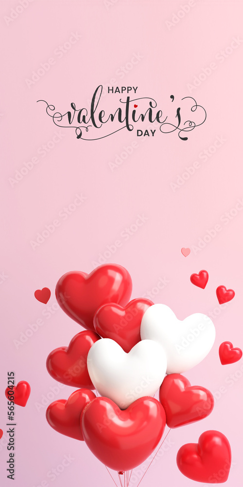 Happy Valentine's Day Standee Poster Or Banner Design With 3D Render, Red And White Heart  Balloons Bunch.