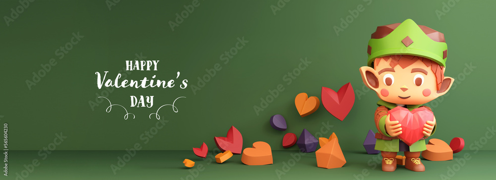 Happy Valentine's Day Landing Page, Poster Or Banner Design With 3D Render, Paper Heart Shapes And Cartoon Little Elf King. Happy Valentine's Day Landing Page, Poster Or Banner Design With 3D Render, Paper Heart Shapes And Cartoon Little Elf King.