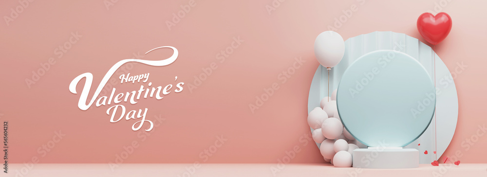 Happy Valentine's Day Calligraphy Text With 3D Render, Round Podium With Heart Shape, Balloons On Pastel Pink Background. Header Or Banner Design. Happy Valentine's Day Calligraphy Text With 3D Render, Round Podium With Heart Shape, Balloons On Pastel Pink Background. Header Or Banner Design.