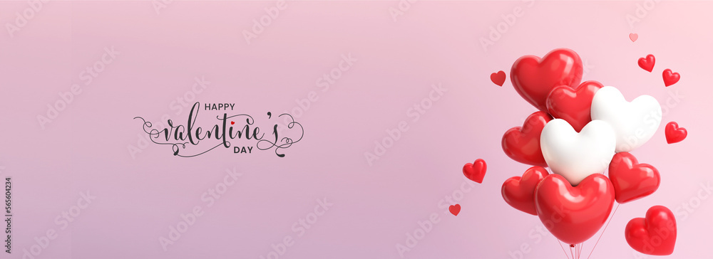Happy Valentine's Day Standee Poster Or Banner Design With 3D Render, Red And White Heart  Balloons Bunch.