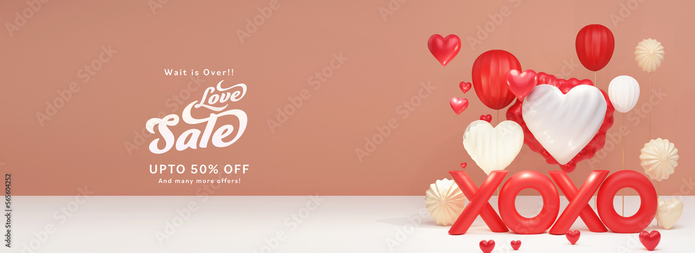 Love Sale Header Or Banner Design With Upto 50% Off Discount Offers, 3D Render, XOXO Text With Heart Shapes.