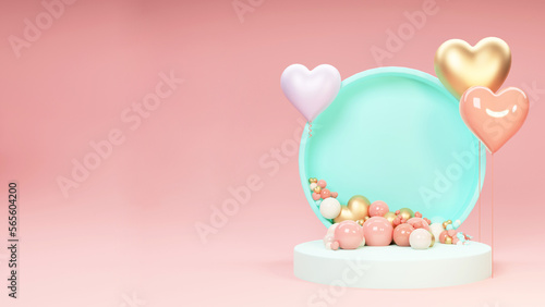 3D Render of Circular Stage Decorated With Heart Shapes On Pastel Pink Background.