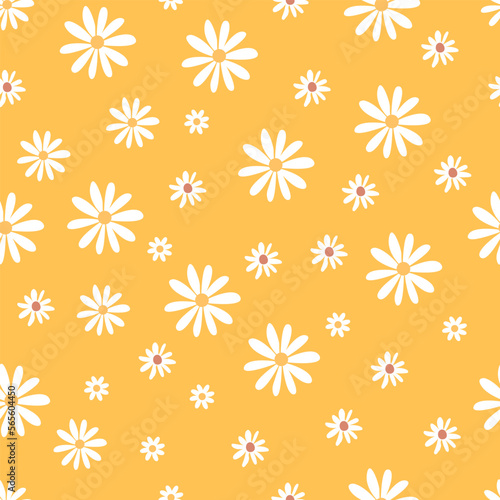 Seamless pattern retro 1970s hippie background with colorful flower chamomile in vintage style illustration with positive