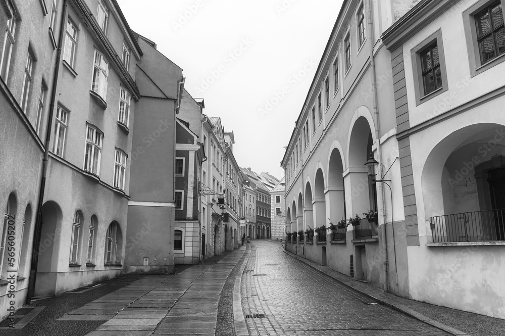 Cobblestone street of Goerlitz city in winter, Germany.