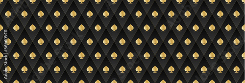 Seamless gold pattern on a black background with card suits. Background for gambling, casino advertising